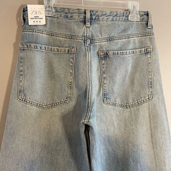 ZARA Wide Leg Full Length Shifted Jean Distressed Denim | SZ 6 - Picture 4 of 8